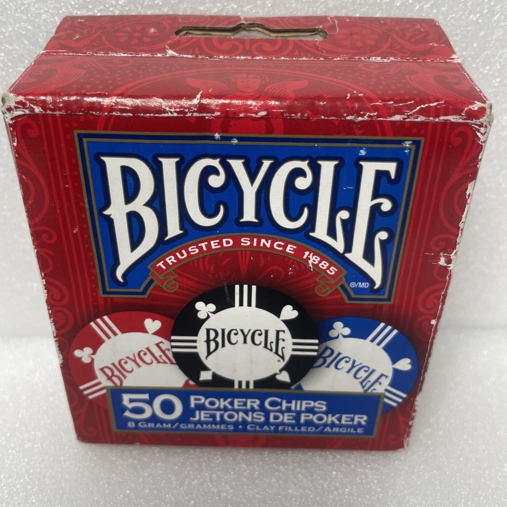 Bicycle 50 Count. 8g Poker Chips new in box Clay‎ Filled Argile Blue Red Black